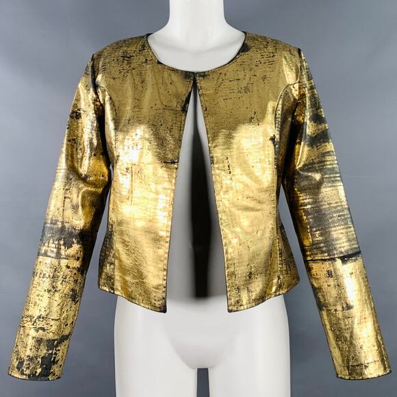 LAURA LAURENS Size M Gold Black Cotton Blend Faux Leather Jacket Blazer - Picture 1 of 7